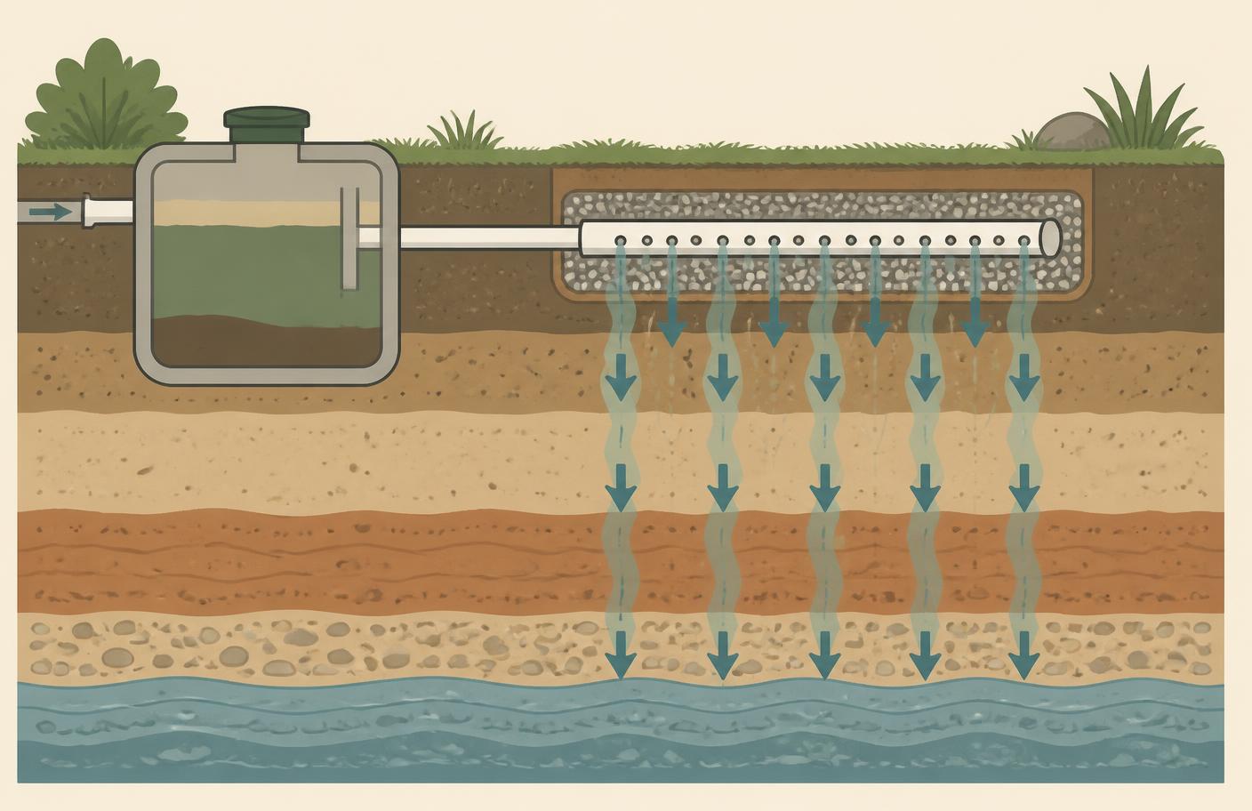 Cross-section diagram of a drain field trench showing a perforated pipe in gravel with effluent percolating downward through layers of soil.