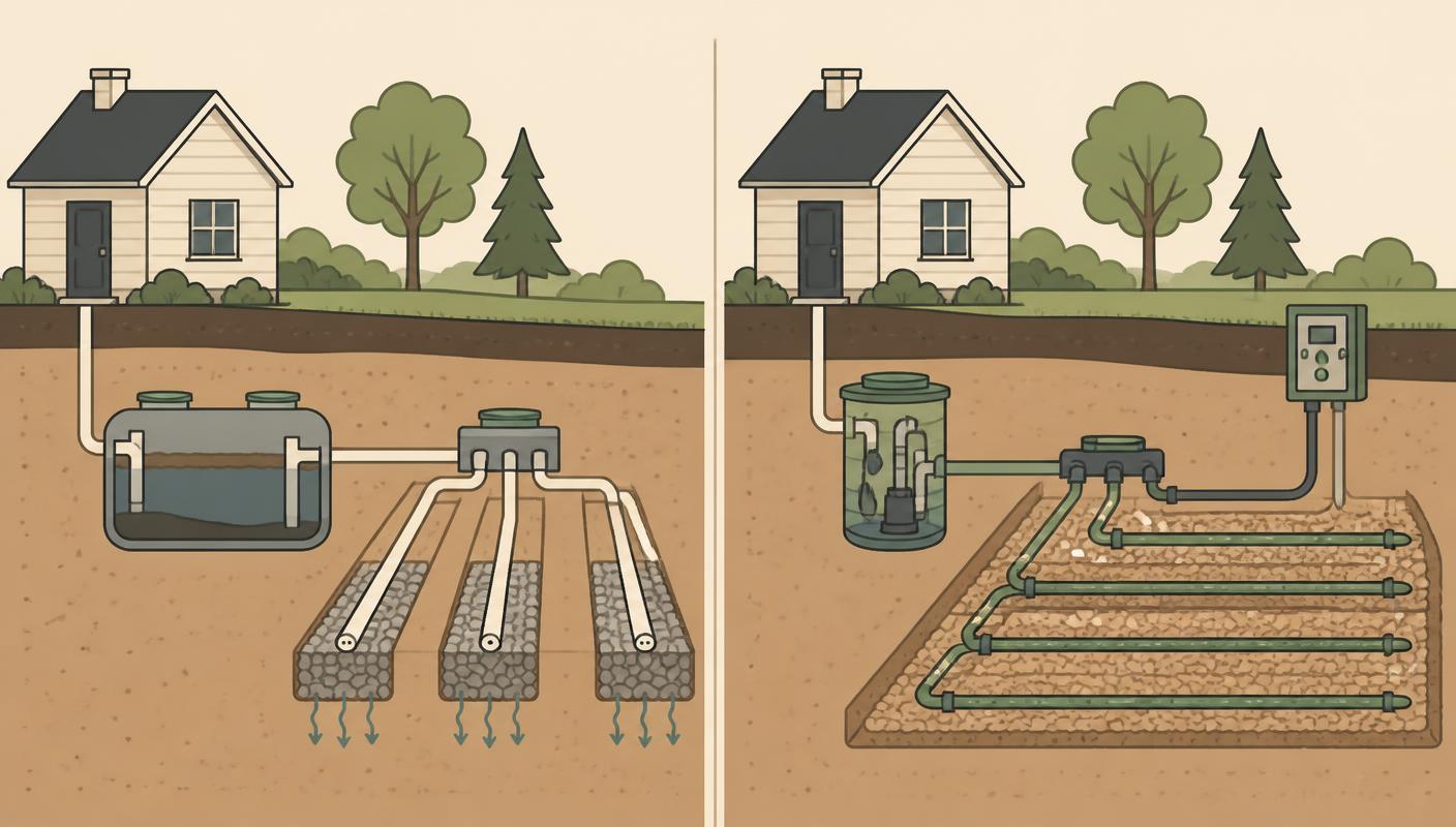 Comparison diagram showing a conventional gravity septic system alongside an engineered system with a pump tank and pressure distribution lines.